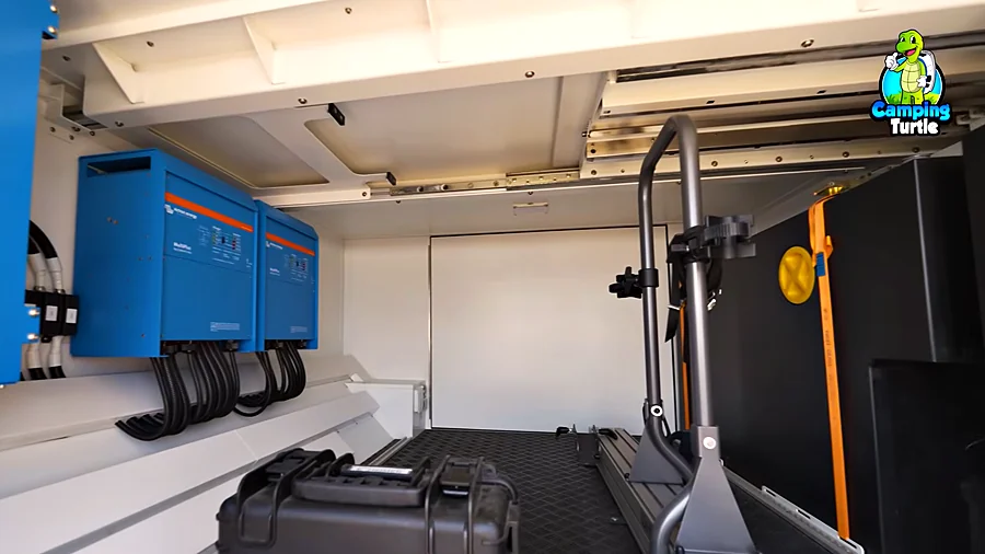Heckgarage mit zwei blauen Wechselrichtern an der Wand und Zurrschienen am Boden