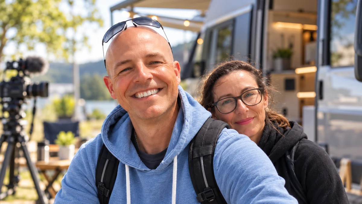 Thomas und Tina von CampingTurtle vor einem Camper, im Hintergrund eine Kamera auf dem Stativ